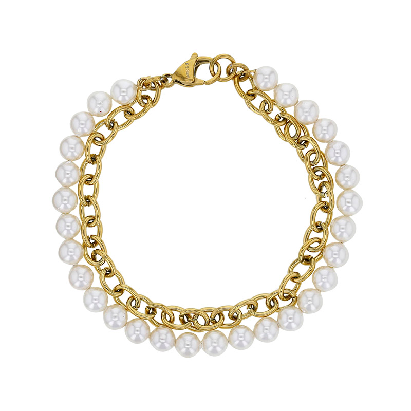 Bracelet maille en acier doré et perles d'imitations