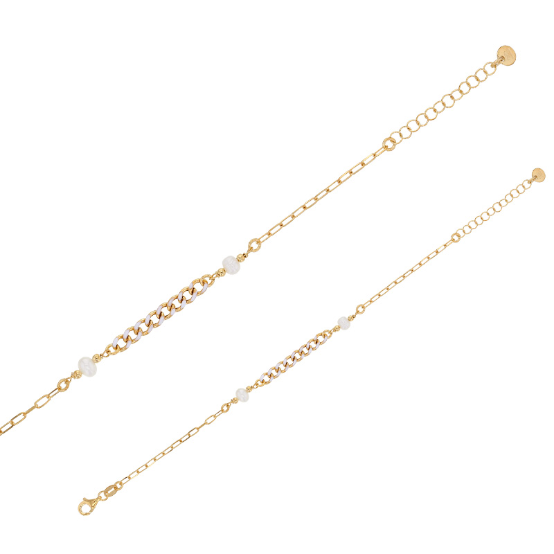 Bracelet maille gourmette émaillée avec cristaux blanc, argent 925/1000 doré