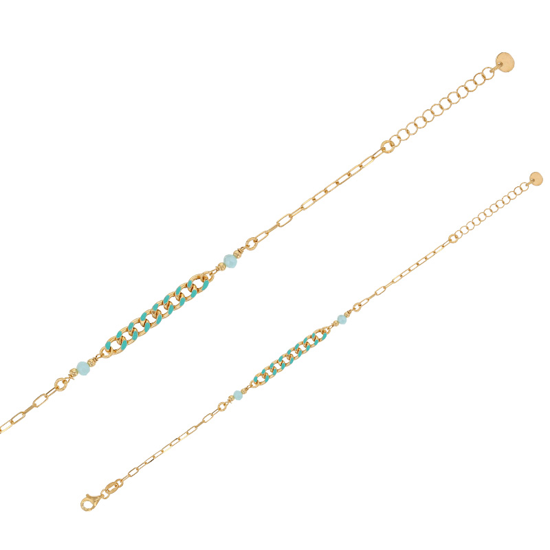 Bracelet maille gourmette émaillée avec cristaux bleu turquoise argent 925/1000 doré