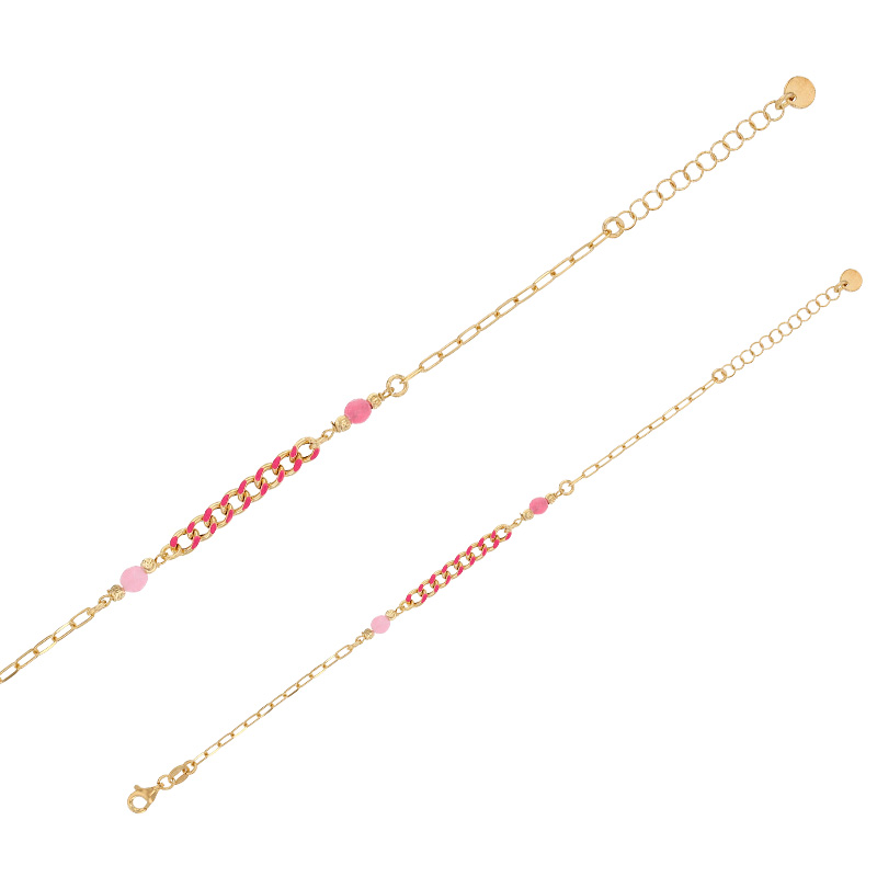 Bracelet maille gourmette émaillée avec cristaux rose, argent 925/1000 doré