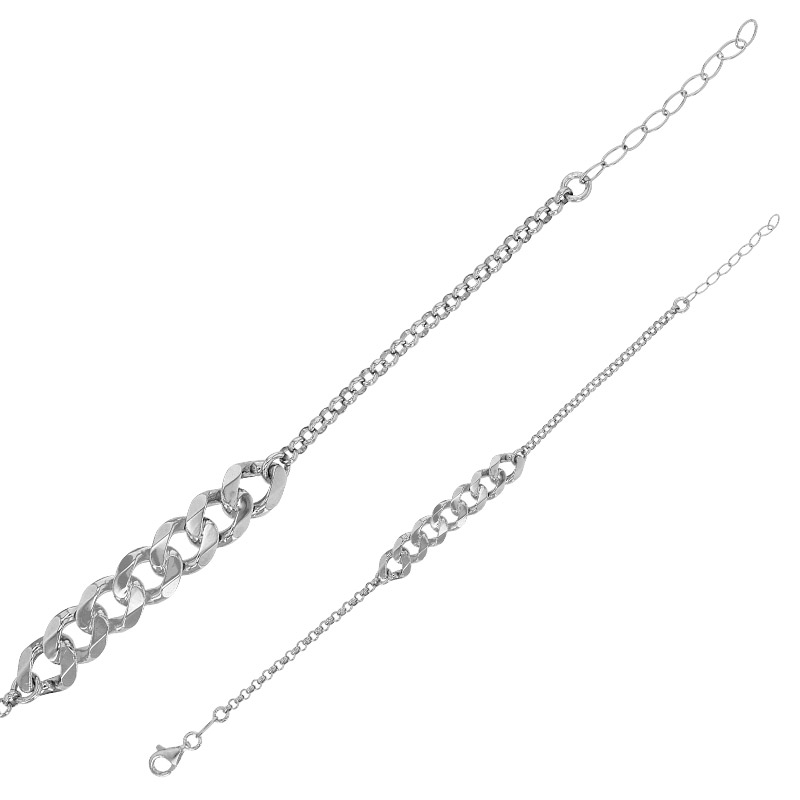 Bracelet maille gourmette et maille jaseron, argent 925/1000 platiné