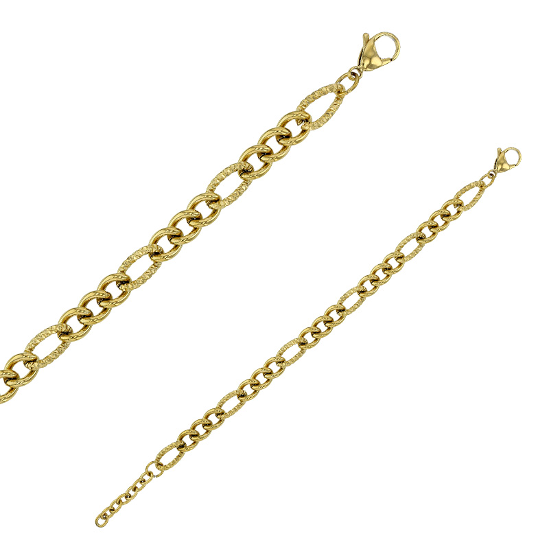 Bracelet maille gourmette lisse et diamantée alternée en acier doré