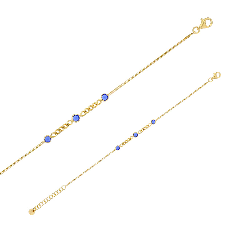Bracelet maillons ornés d'oxydes bleus sertis clos, argent 925/1000 doré