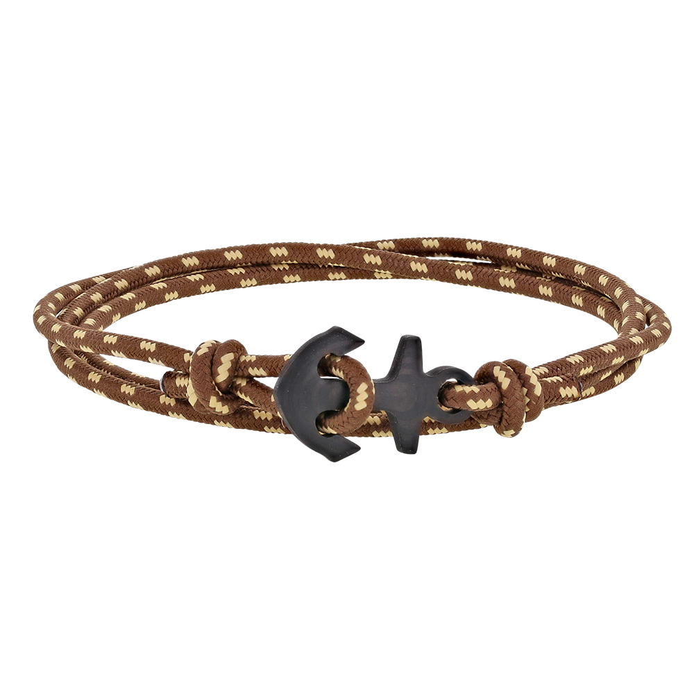 Bracelet marin nylon marron avec touche de beige, ancre carbone