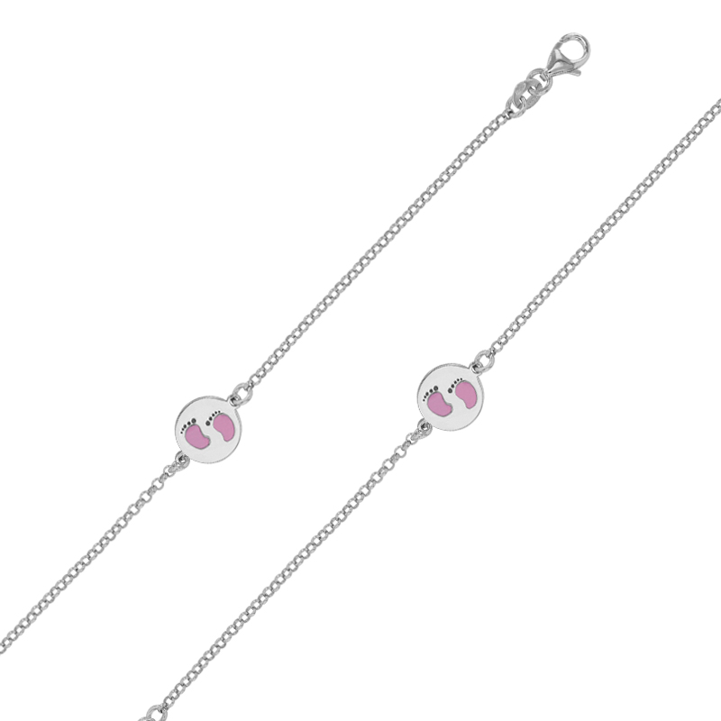 Bracelet médaille motif pieds émail rose et argent 925/1000 rhodié