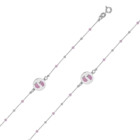 Bracelet médaille motif pieds émail rose, pierres synthétiques et argent 925/1000 rhodié