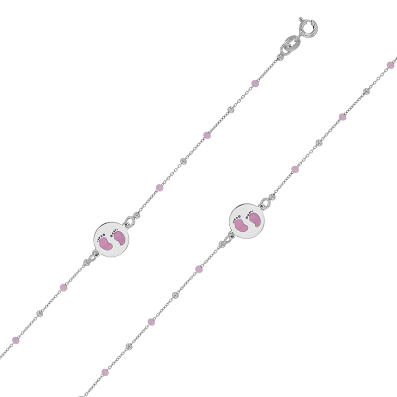 Bracelet médaille motif pieds émail rose, pierres synthétiques et argent 925/1000 rhodié