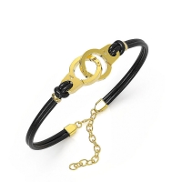 Bracelet menottes Acier doré et cuir de bovin noir