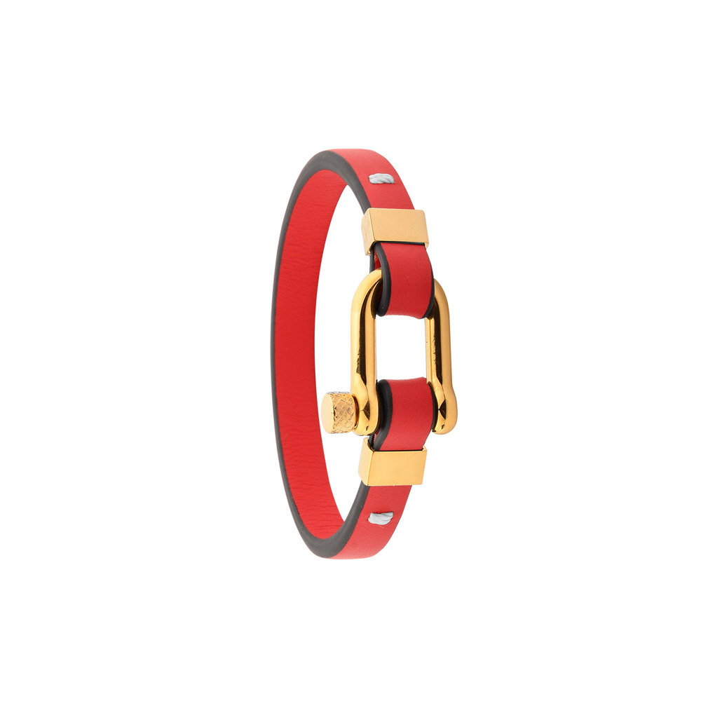 Bracelet mixte acier doré et cuir de bovin italien pleine fleur rouge