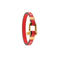 Bracelet mixte acier doré et cuir de bovin italien pleine fleur rouge