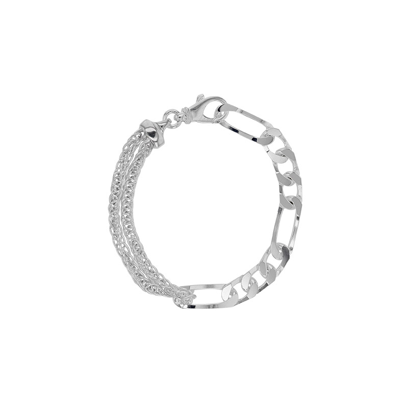 Bracelet mode maille figaro alternée 1/3 et chaîne deux rangs en argent 925/1000