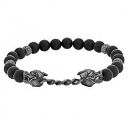 Bracelet motif 2 têtes de dragons reliées avec perle agate en acier