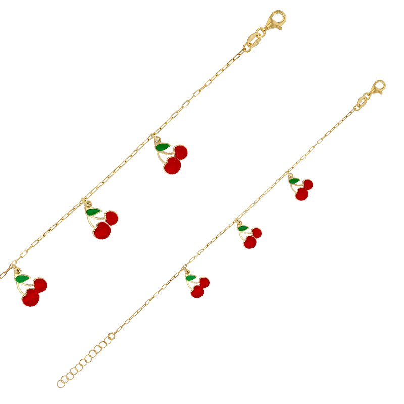 Bracelet motif cerise en émail rouge et vert, argent 925/1000 doré