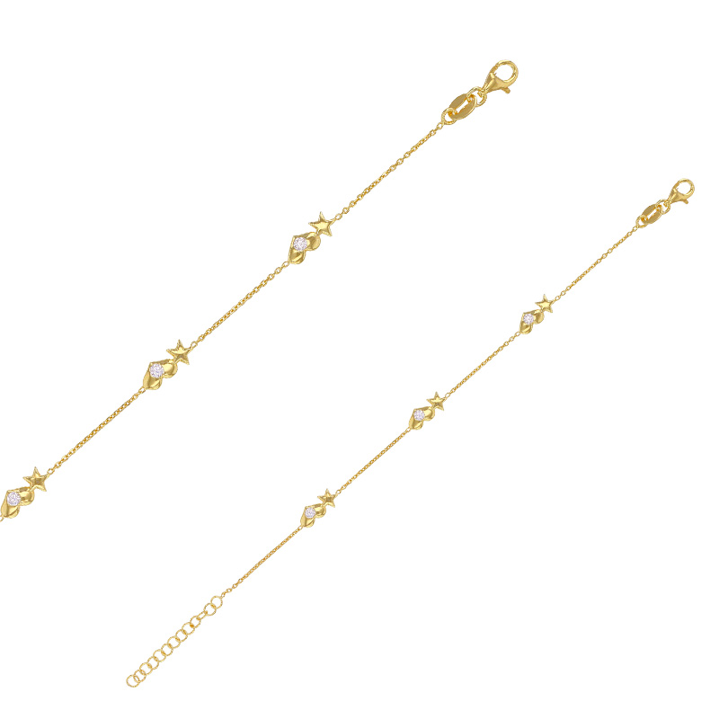 Bracelet motif étoiles et coeurs avec oxydes, argent 925/1000 doré