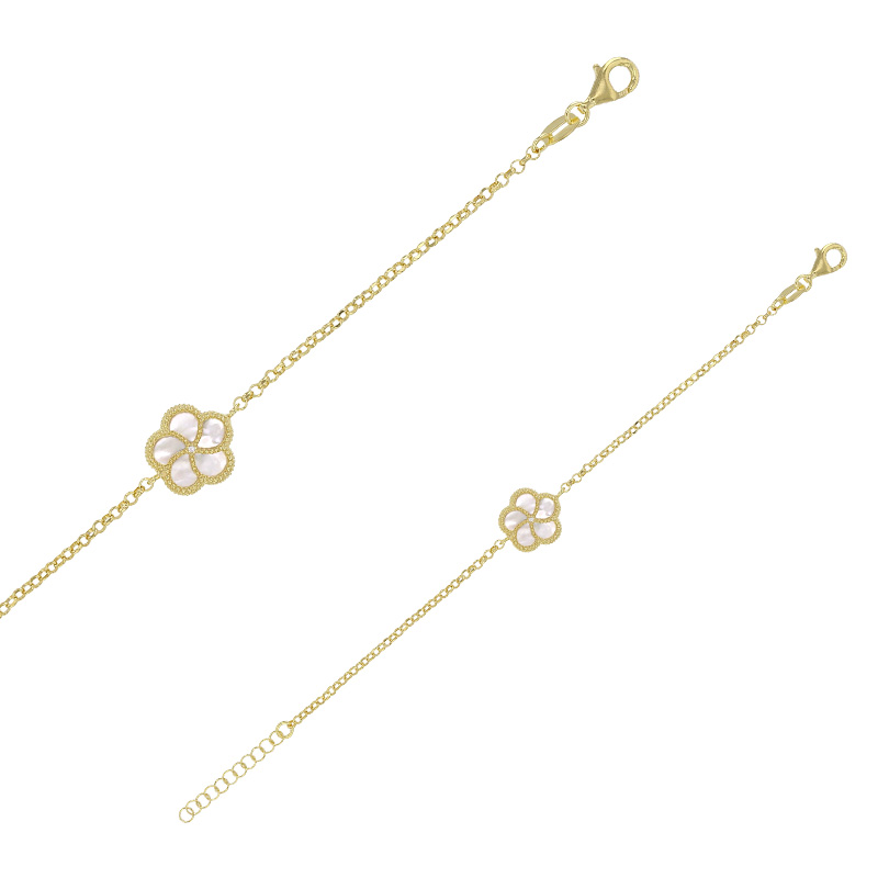 Bracelet motif fleur orné de nacre et cristal en argent 925/1000 doré