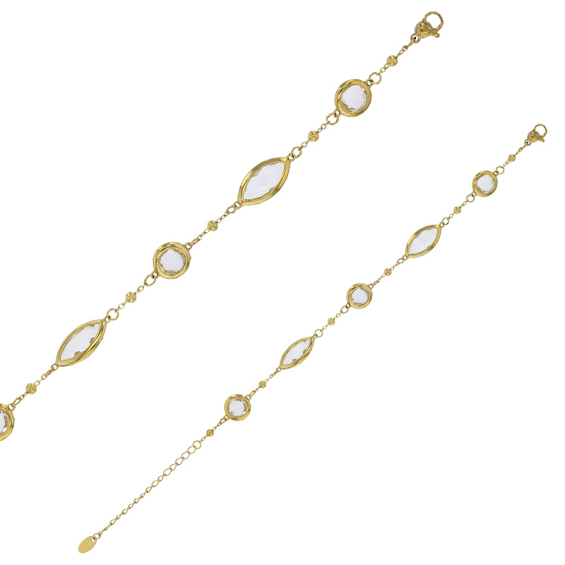 Bracelet motif rond et marquise en verre facetté blanc, acier doré