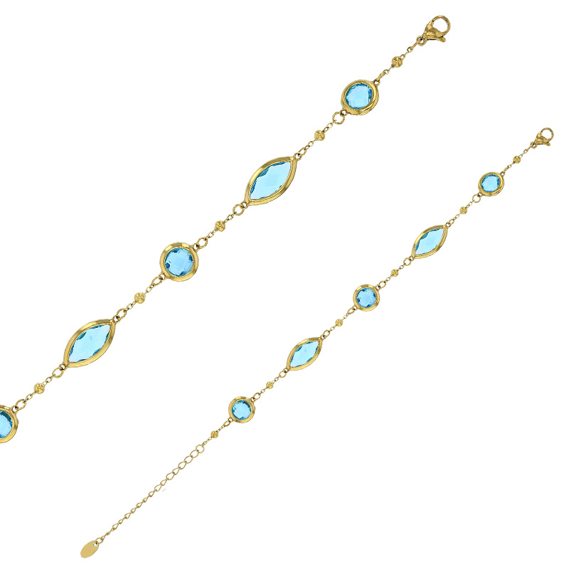 Bracelet motif rond et marquise en verre facetté blanc, acier doré