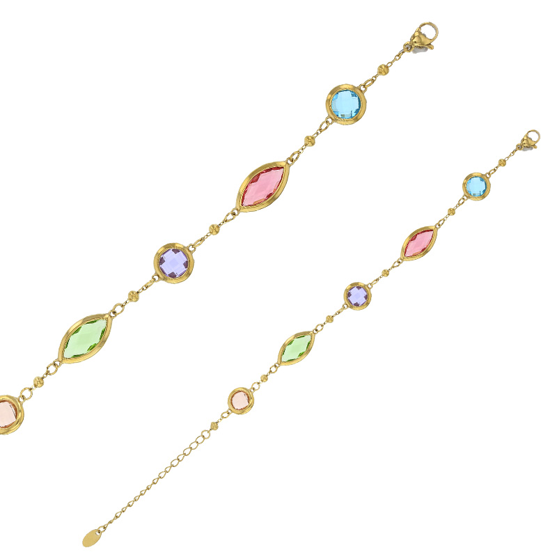 Bracelet motif rond et marquise en verre facetté blanc, acier doré