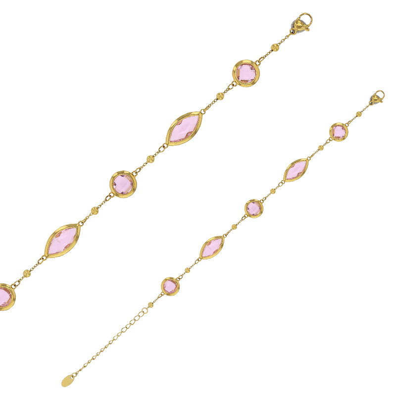 Bracelet motif rond et marquise en verre facetté blanc, acier doré