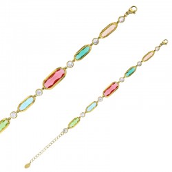 Bracelet motif rond et ovale en verre facetté bleu clair, acier doré