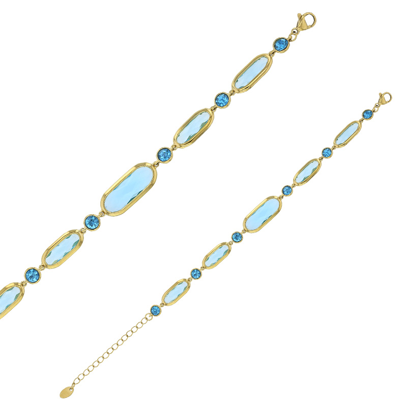 Bracelet motif rond et ovales en verre facetté bleu clair, acier doré