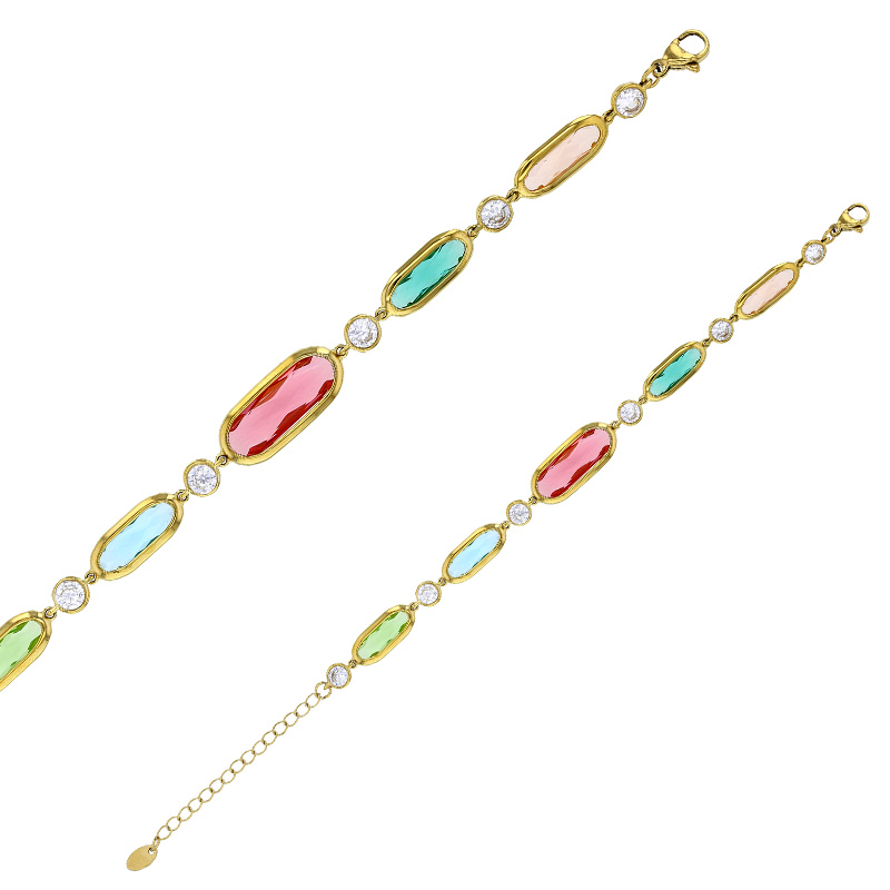 Bracelet motif rond et ovales en verre facetté bleu clair, acier doré
