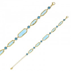 Bracelet motif rond et ovales en verre facetté bleu clair, acier doré