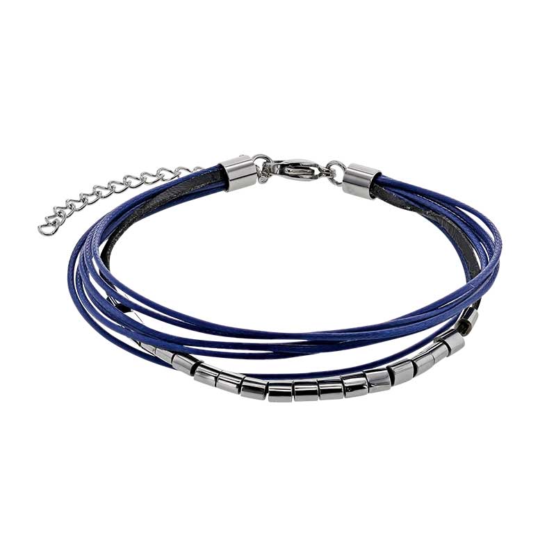 Bracelet multirang cordons synthétiques cirés bleu, cuir de bovin noir, fermoir acier