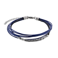 Bracelet multirang cordons synthétiques cirés bleu, cuir de bovin noir, fermoir acier