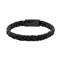 Bracelet noir double tressé en acier et cuir de bovin