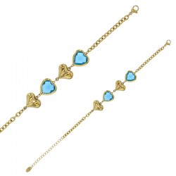 Bracelet orné de coeurs bombés et verre facetté bleu clair, acier doré