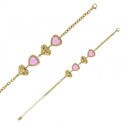 Bracelet orné de coeurs bombés et verre facetté bleu clair, acier doré