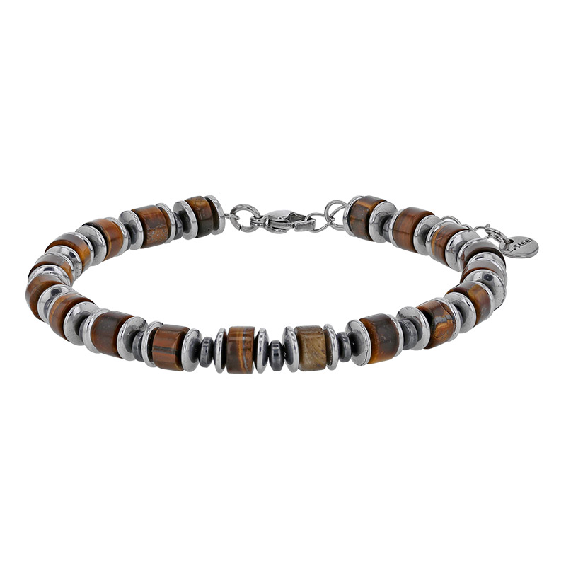 Bracelet orné de cylindres en oeil de tigre et hématite en acier