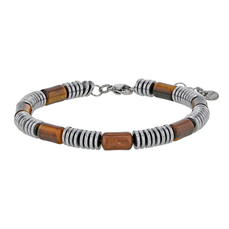 Bracelet orné de cylindres en oeil de tigre et rondelle en acier