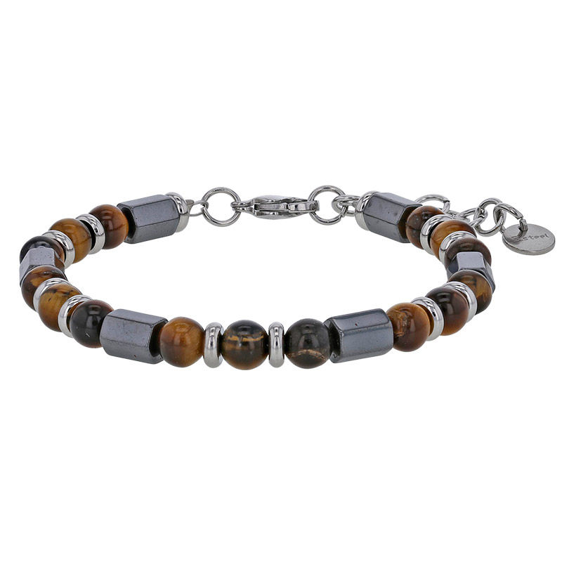 Bracelet orné de cylindres en perles d'oeil de tigre et hématite en acier