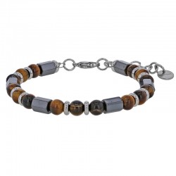 Bracelet orné de cylindres en perles d'oeil de tigre et hématite en acier