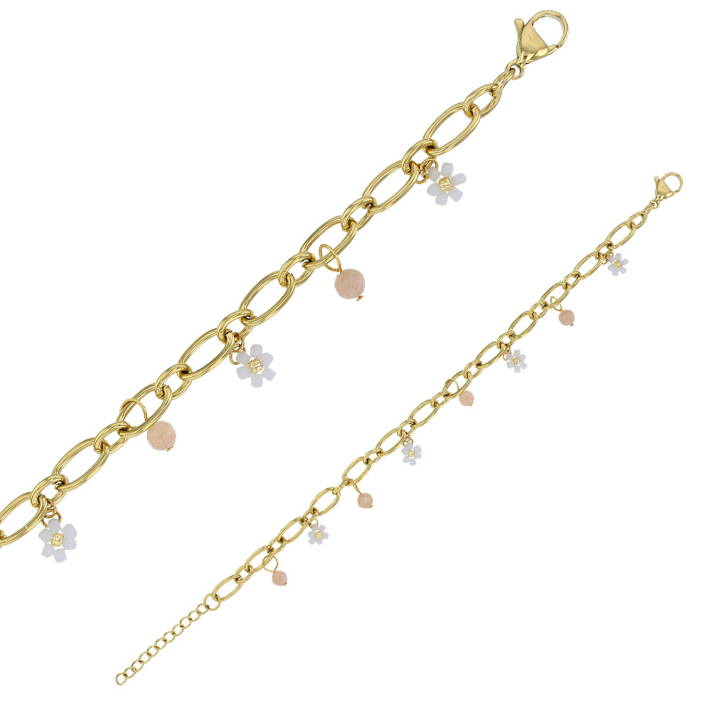 Bracelet orné de pampilles en pierres de lune ronde et forme fleur en acier doré