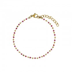 Bracelet orné de perles de verre rose et boule en acier doré