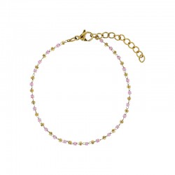 Bracelet orné de perles de verre rose et boule en acier doré