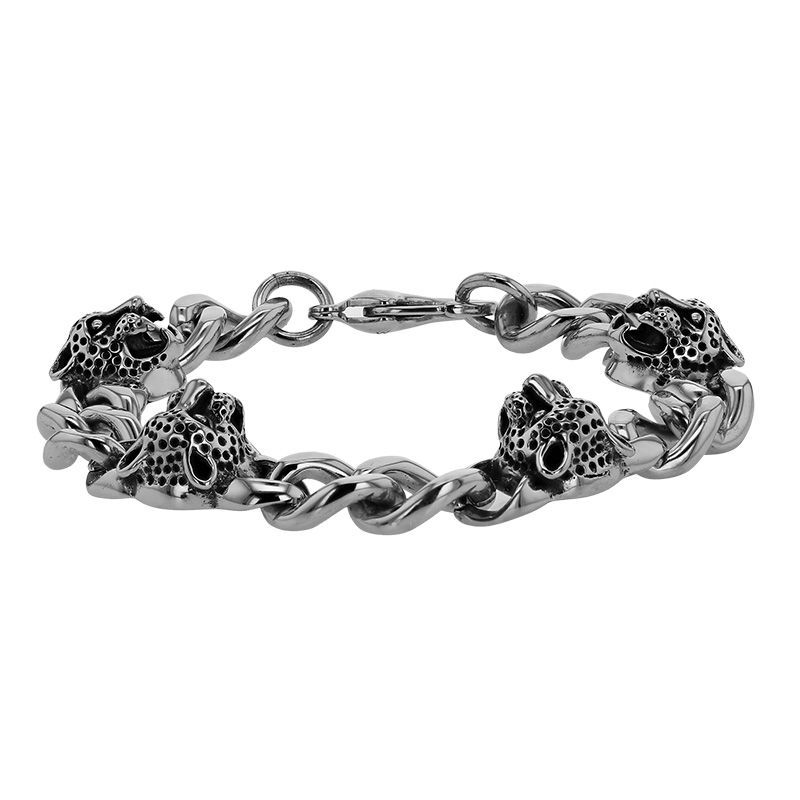 Bracelet orné de 4 têtes de léopard, acier