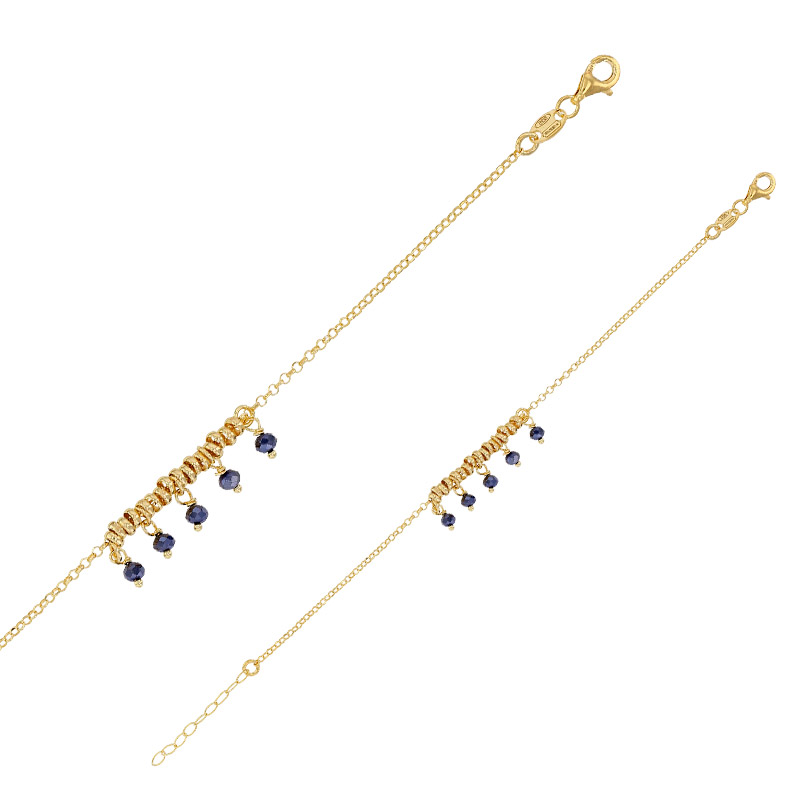 Bracelet ornée de perles de verre bleu nuit en pampilles, argent 925/1000 doré