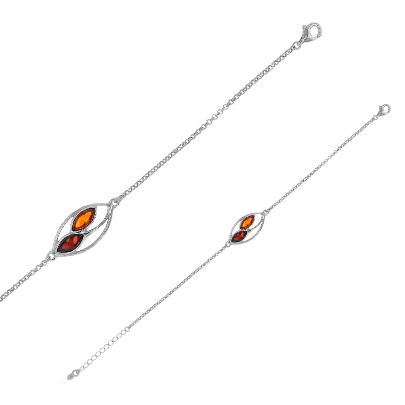 Bracelet ovale ambre cognac en argent 925/1000 rhodié