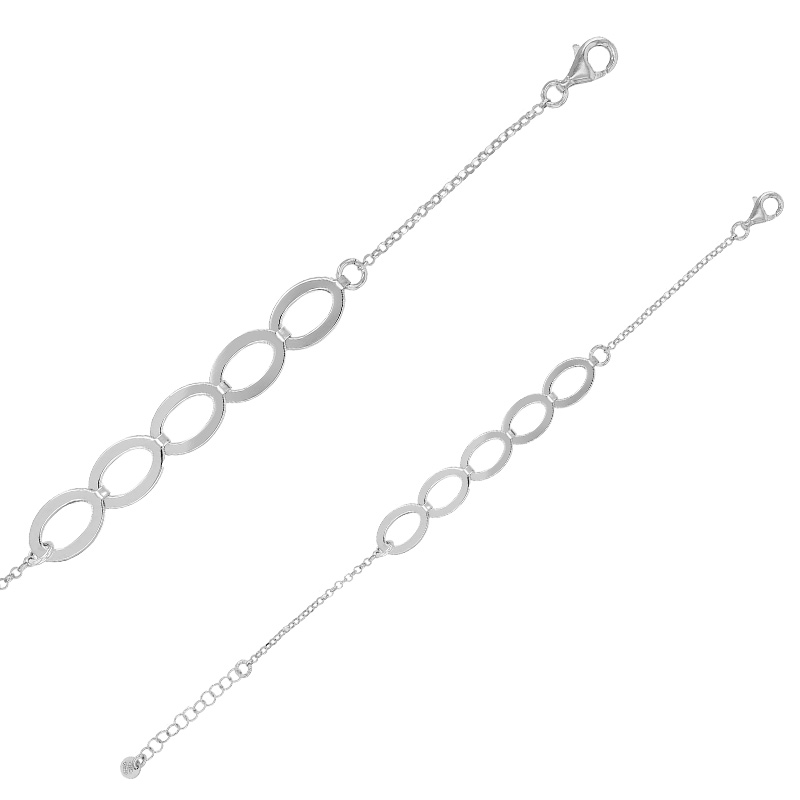 Bracelet 5 ovales doublés maille jaseron, argent 925/1000 rhodié