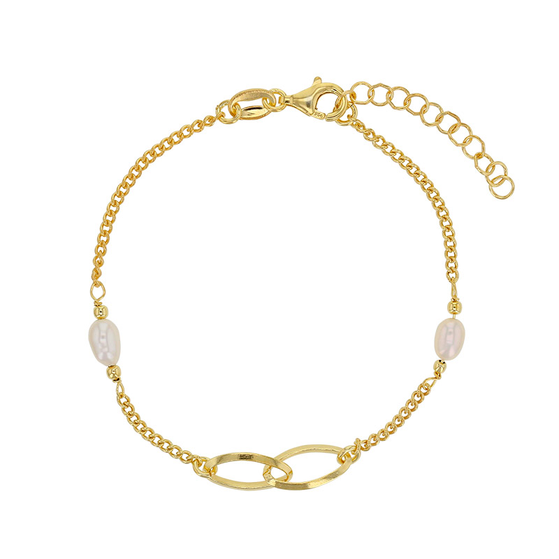 Bracelet 2 ovales entrelacés, perles de culture d'eau douce en argent 925/1000 doré