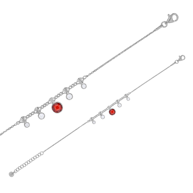 Bracelet oxyde facetté rouge rubis, oxydes blancs sertis clos, argent 925/1000 platiné