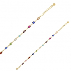 Bracelet oxydes de couleurs formes rondes, rectangulaires, gouttes et losanges, argent 925/1000 doré