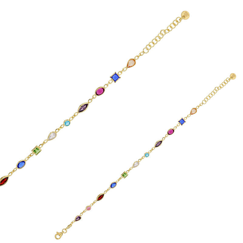 Bracelet oxydes de couleurs formes rondes, rectangulaires, gouttes et losanges, argent 925/1000 doré