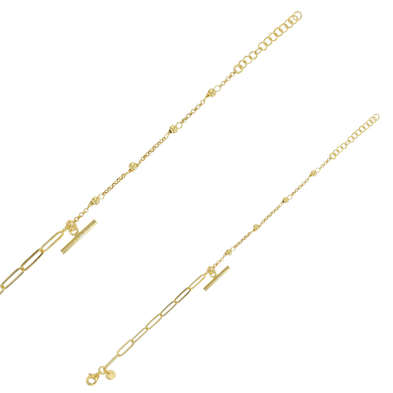 Bracelet pampille barre et maille boule, argent 925/1000 doré
