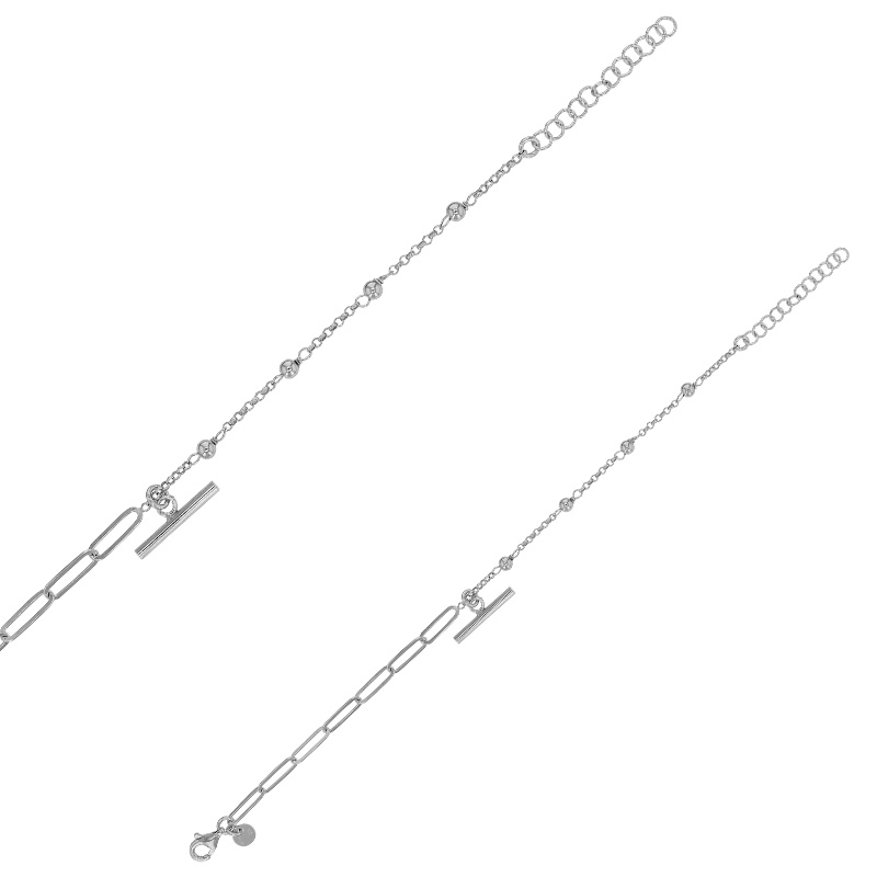 Bracelet pampille barre et maille boule, argent 925/1000 rhodié