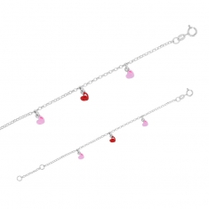 Bracelet pampille coeur, émail rose et rouge, argent 925/1000 rhodié